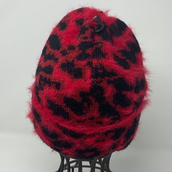 DKNY Womens Fuzzy Knit Scarf and Beanie Hat Set Red Black Animal Print - Picture 8 of 11